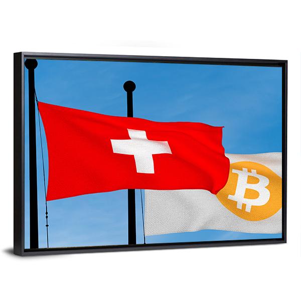 Swiss Flag And Bitcoin Flag Panoramic Canvas Wall Art-1 Piece-36" x 12"-Tiaracle