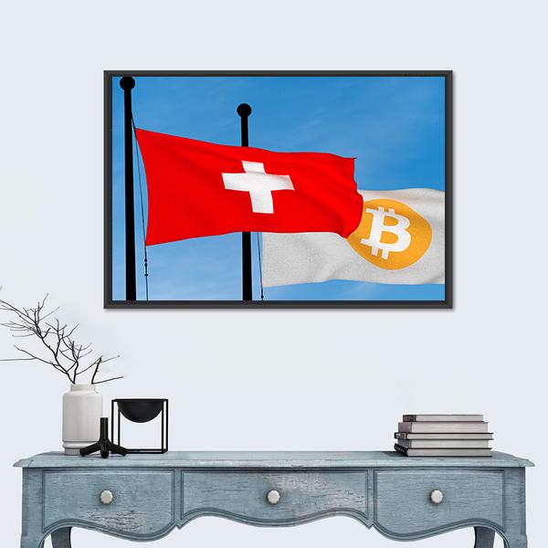 Swiss Flag And Bitcoin Flag Panoramic Canvas Wall Art-1 Piece-36" x 12"-Tiaracle