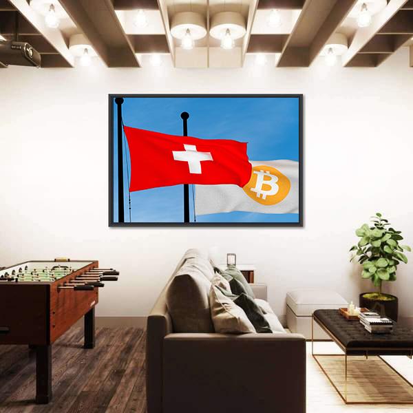 Swiss Flag And Bitcoin Flag Panoramic Canvas Wall Art-1 Piece-36" x 12"-Tiaracle
