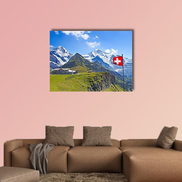 Swiss Flag on Mannlichen Ridge Canvas Wall Art in white, green and blue, single panel hung on a wall