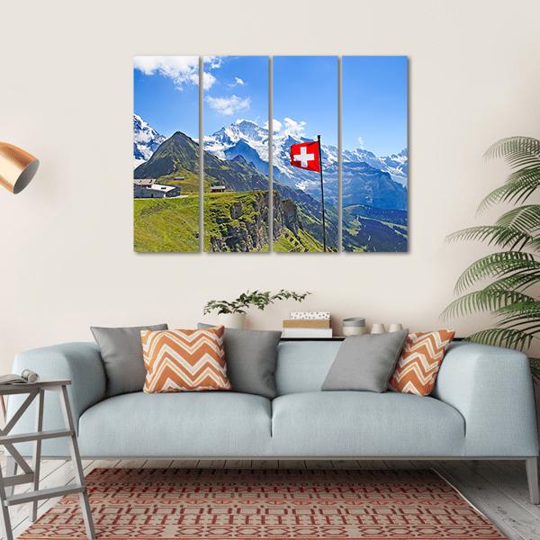 Swiss Flag On The Top Of Mannlichen Canvas Wall Art-4 Horizontal-Gallery Wrap-34" x 24"-Tiaracle