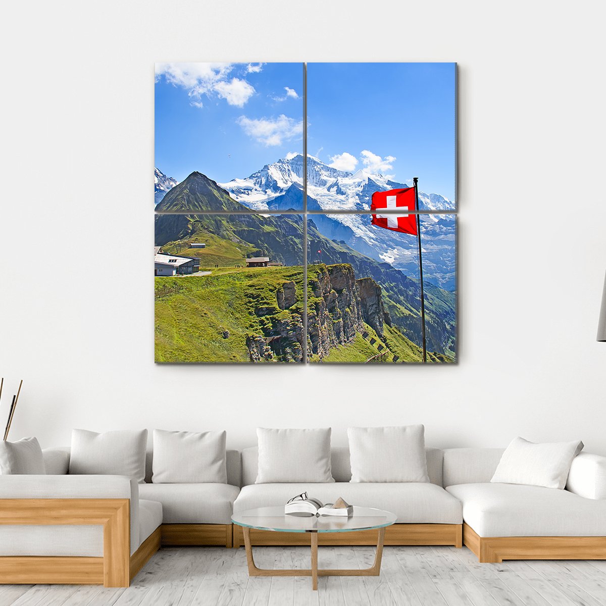 Swiss Flag On The Top Of Mannlichen Canvas Wall Art-4 Square-Gallery Wrap-17" x 17"-Tiaracle