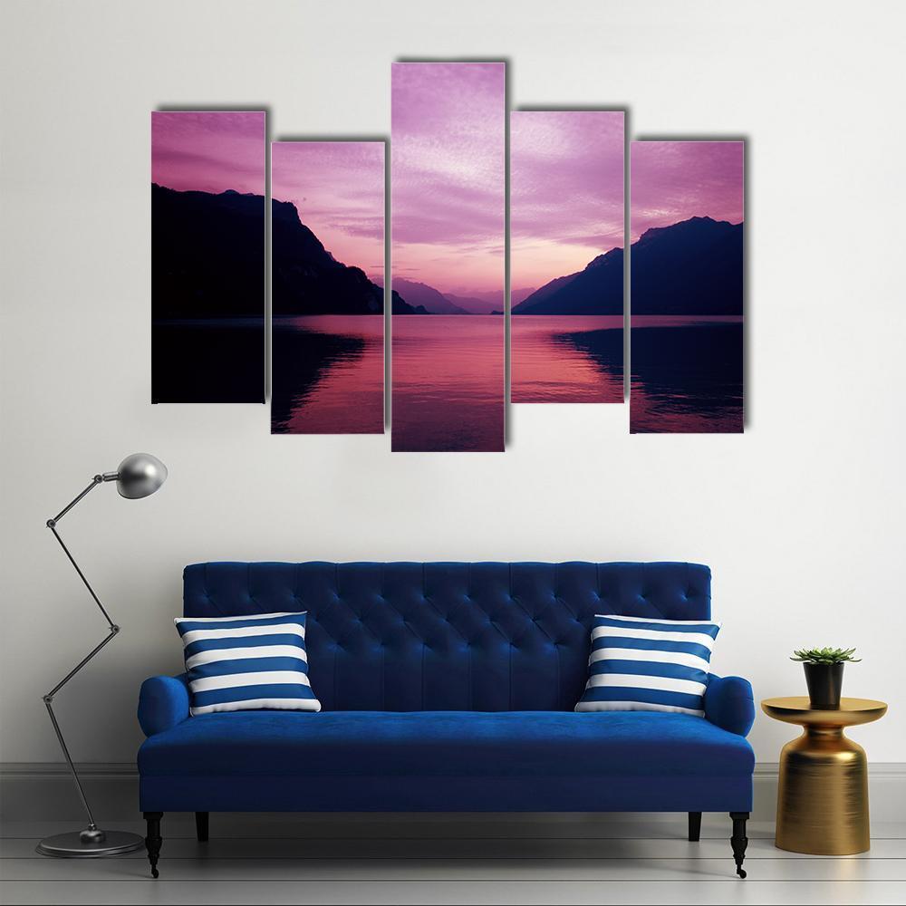 Swiss Lake At Sunset In Brienz Canvas Wall Art-5 Pop-Gallery Wrap-47" x 32"-Tiaracle