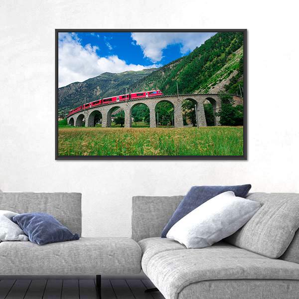 Swiss Mountain Train Bernina Canvas Wall Art-1 Piece-Floating Frame-36" x 24"-Tiaracle