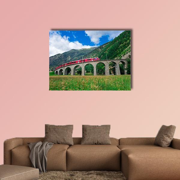 Red Bernina Mountain Train, Switzerland Canvas Wall Art in gray, green and blue, single panel hung on a wall
