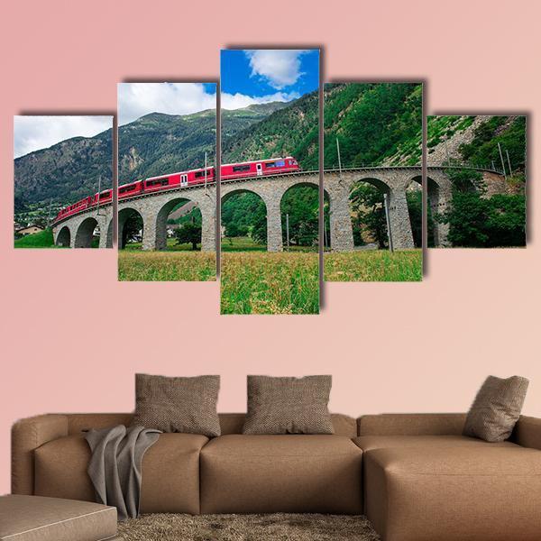 Swiss Mountain Train Bernina Canvas Wall Art-5 Star-Gallery Wrap-62" x 32"-Tiaracle