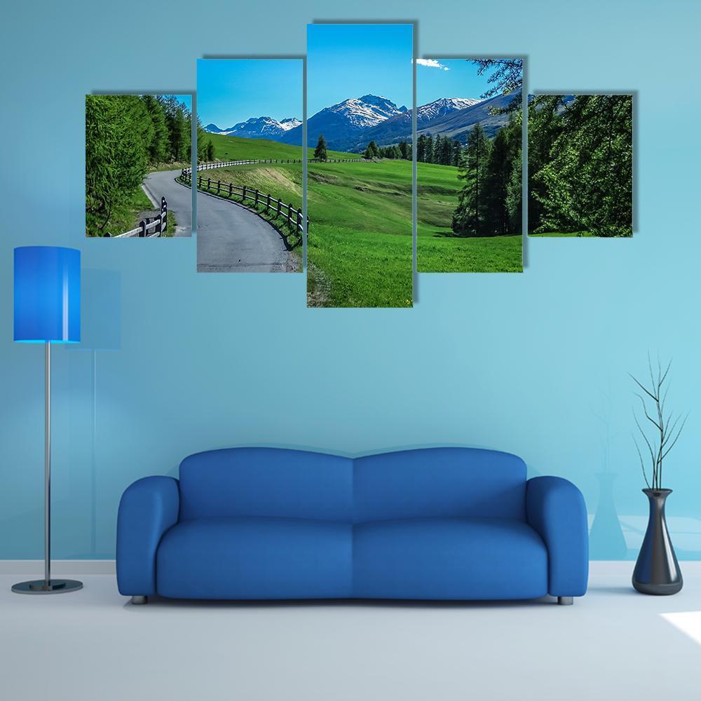 Swiss National Park Mountain Road Canvas Wall Art in gray, green and blue, 5 panel Star layout hung on a wall