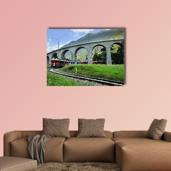 Swiss Bernina Express on Stone Viaduct Canvas Wall Art in gray, green and blue, single panel hung on a wall
