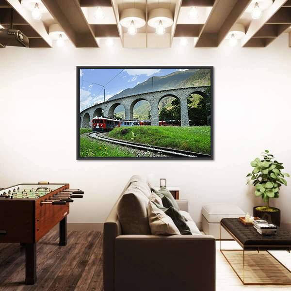 Swiss Red Train Bernina Express Canvas Wall Art-3 Horizontal-Gallery Wrap-25" x 16"-Tiaracle
