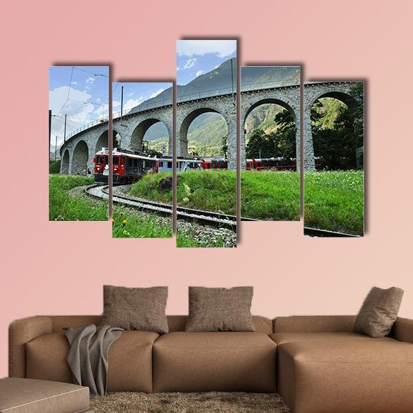 Swiss Red Train Bernina Express Canvas Wall Art-5 Pop-Gallery Wrap-47" x 32"-Tiaracle
