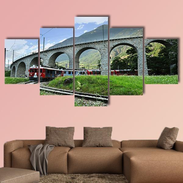 Swiss Red Train Bernina Express Canvas Wall Art-5 Star-Gallery Wrap-62" x 32"-Tiaracle