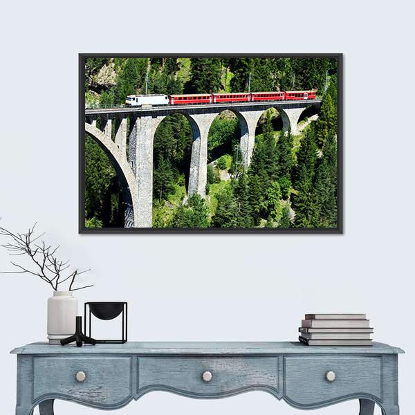 Swiss Train On Very High Bridge Near Wiesen Switzerland Canvas Wall Art-1 Piece-Floating Frame-24" x 16"-Tiaracle
