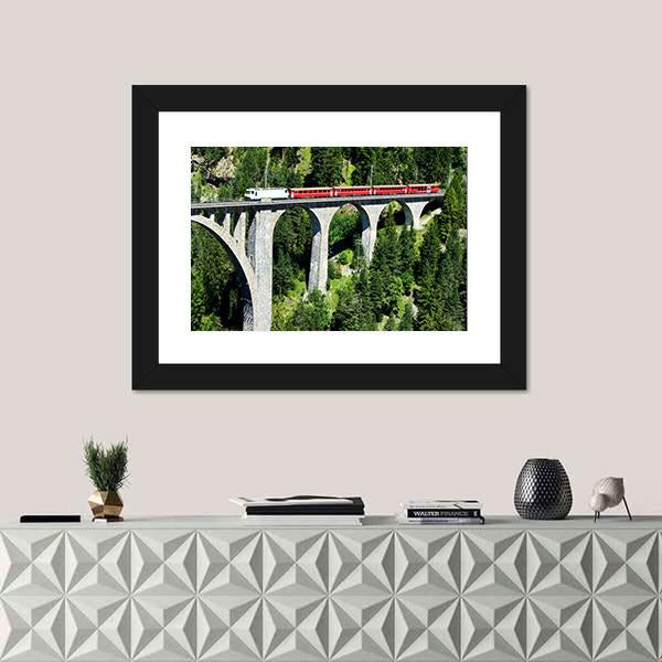 Swiss Train On Very High Bridge Near Wiesen Switzerland Canvas Wall Art-1 Piece-Framed Print-20" x 16"-Tiaracle