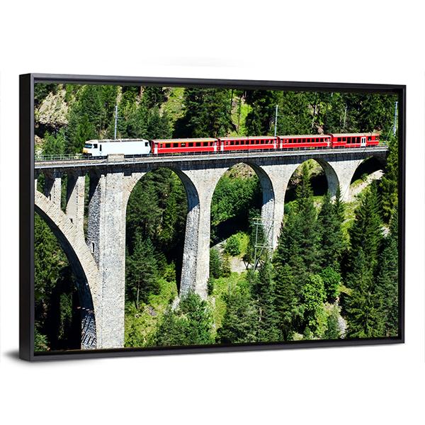 Swiss Train On Very High Bridge Near Wiesen Switzerland Canvas Wall Art-3 Horizontal-Gallery Wrap-25" x 16"-Tiaracle