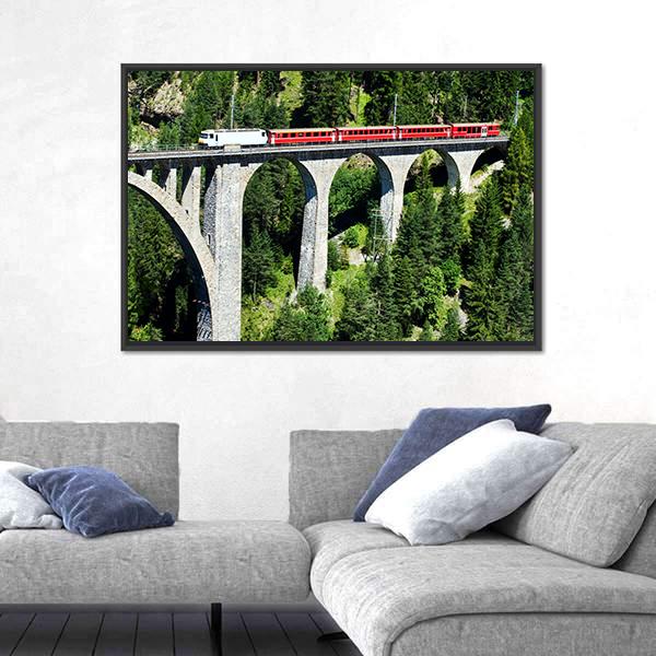 Swiss Train On Very High Bridge Near Wiesen Switzerland Canvas Wall Art-3 Horizontal-Gallery Wrap-25" x 16"-Tiaracle