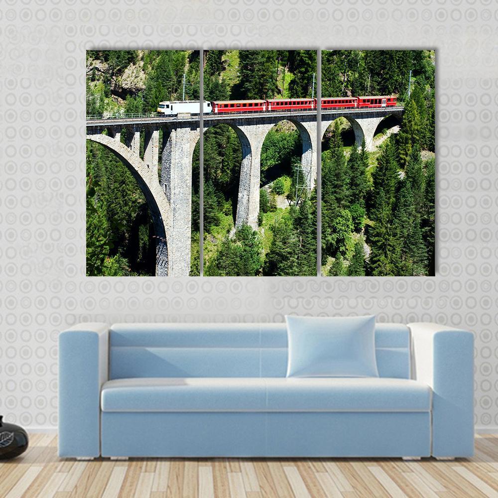 Swiss Train On Very High Bridge Near Wiesen Switzerland Canvas Wall Art-3 Horizontal-Gallery Wrap-37" x 24"-Tiaracle