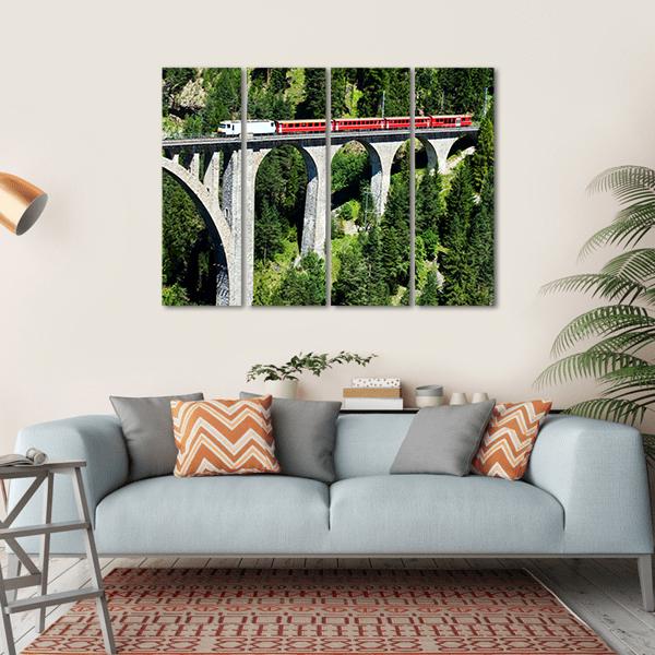 Swiss Train On Very High Bridge Near Wiesen Switzerland Canvas Wall Art-4 Horizontal-Gallery Wrap-34" x 24"-Tiaracle