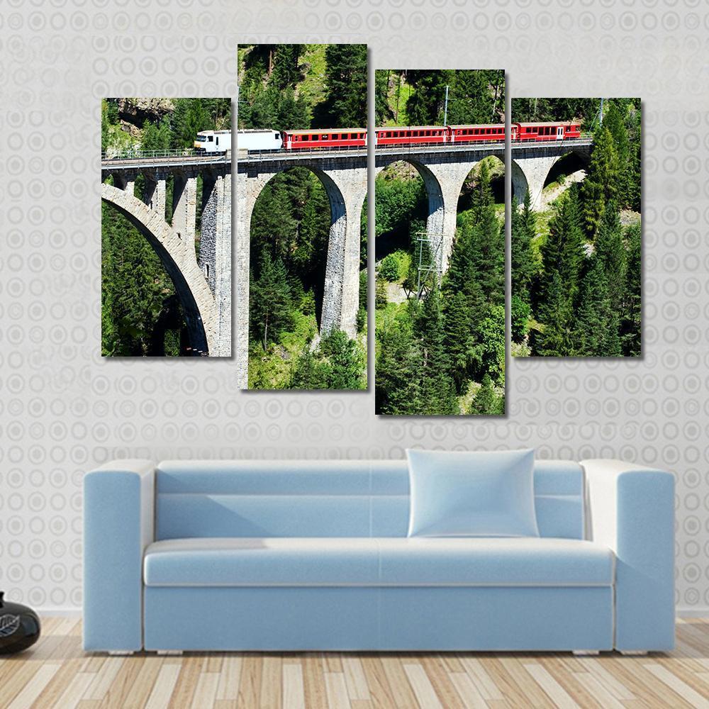 Swiss Train On Very High Bridge Near Wiesen Switzerland Canvas Wall Art-4 Pop-Gallery Wrap-50" x 32"-Tiaracle