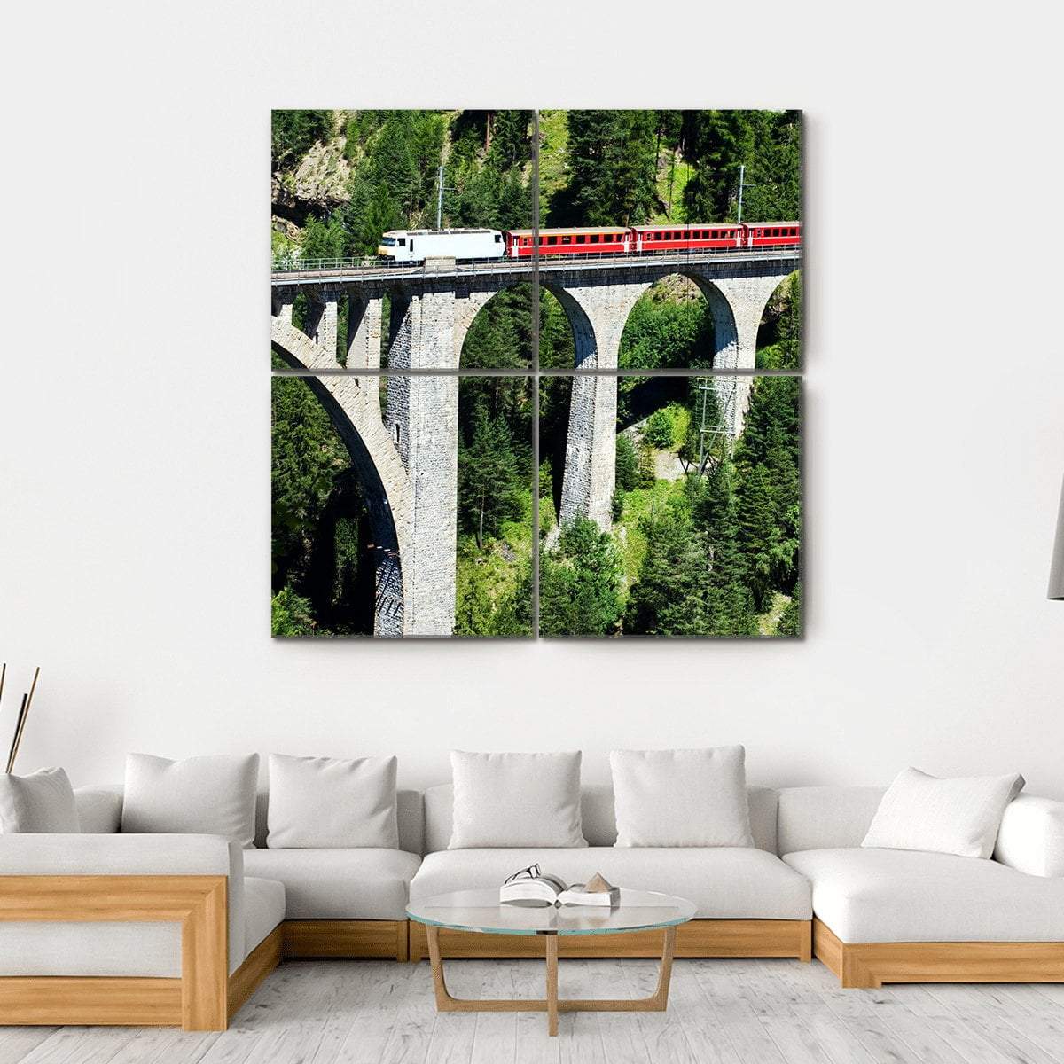 Swiss Train On Very High Bridge Near Wiesen Switzerland Canvas Wall Art-4 Square-Gallery Wrap-17" x 17"-Tiaracle