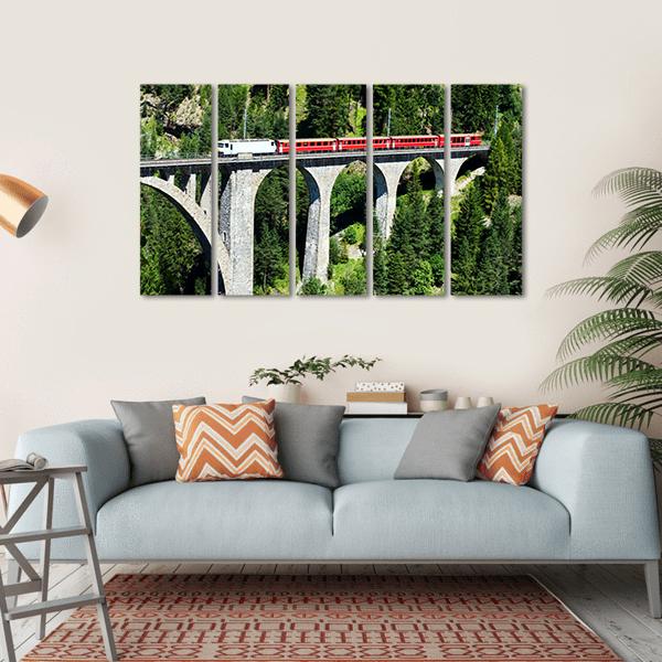 Swiss Train On Very High Bridge Near Wiesen Switzerland Canvas Wall Art-5 Horizontal-Gallery Wrap-22" x 12"-Tiaracle