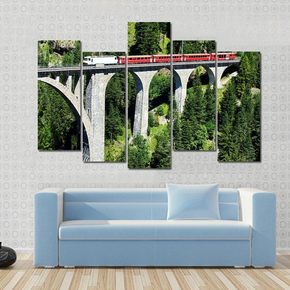 Swiss Train On Very High Bridge Near Wiesen Switzerland Canvas Wall Art-5 Pop-Gallery Wrap-47" x 32"-Tiaracle