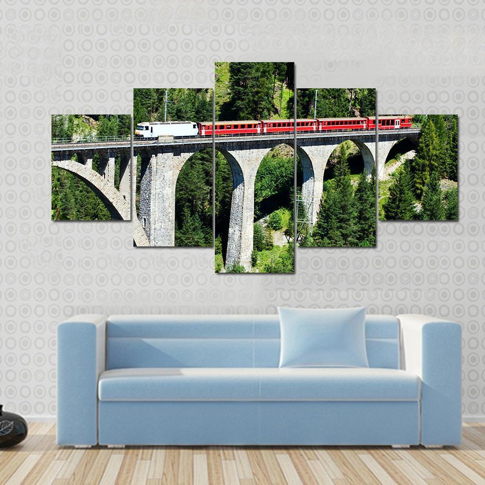 Swiss Train On Very High Bridge Near Wiesen Switzerland Canvas Wall Art-5 Star-Gallery Wrap-62" x 32"-Tiaracle