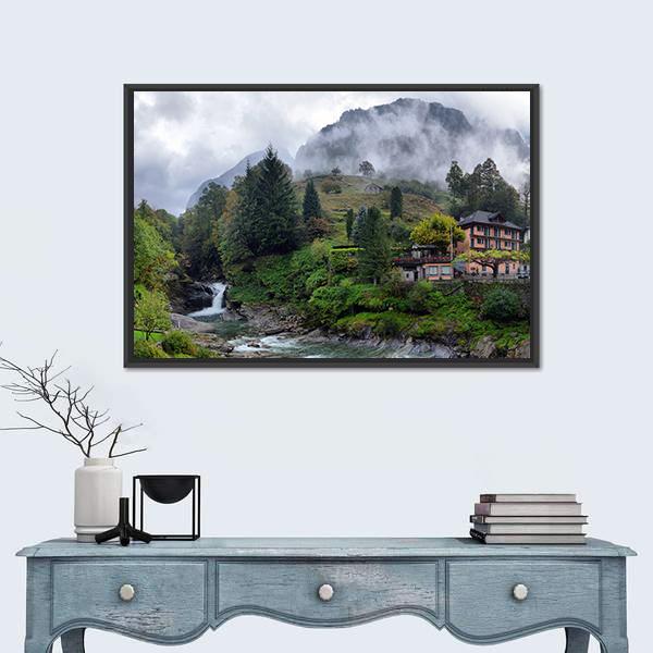 Swiss Village In The Mountains With Mist And Waterfall Switzerland Canvas Wall Art-1 Piece-Floating Frame-24" x 16"-Tiaracle