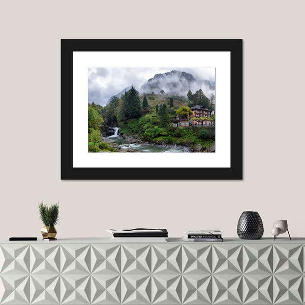 Swiss Village In The Mountains With Mist And Waterfall Switzerland Canvas Wall Art-1 Piece-Framed Print-20" x 16"-Tiaracle