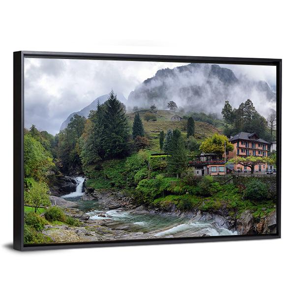 Swiss Village In The Mountains With Mist And Waterfall Switzerland Canvas Wall Art-3 Horizontal-Gallery Wrap-25" x 16"-Tiaracle