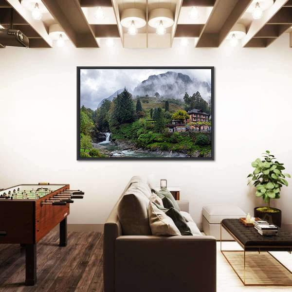 Swiss Village In The Mountains With Mist And Waterfall Switzerland Canvas Wall Art-3 Horizontal-Gallery Wrap-25" x 16"-Tiaracle