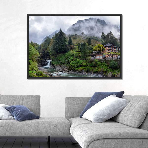 Swiss Village In The Mountains With Mist And Waterfall Switzerland Canvas Wall Art-3 Horizontal-Gallery Wrap-25" x 16"-Tiaracle