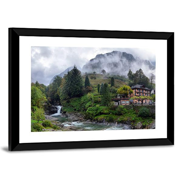 Swiss Village In The Mountains With Mist And Waterfall Switzerland Canvas Wall Art-3 Horizontal-Gallery Wrap-25" x 16"-Tiaracle