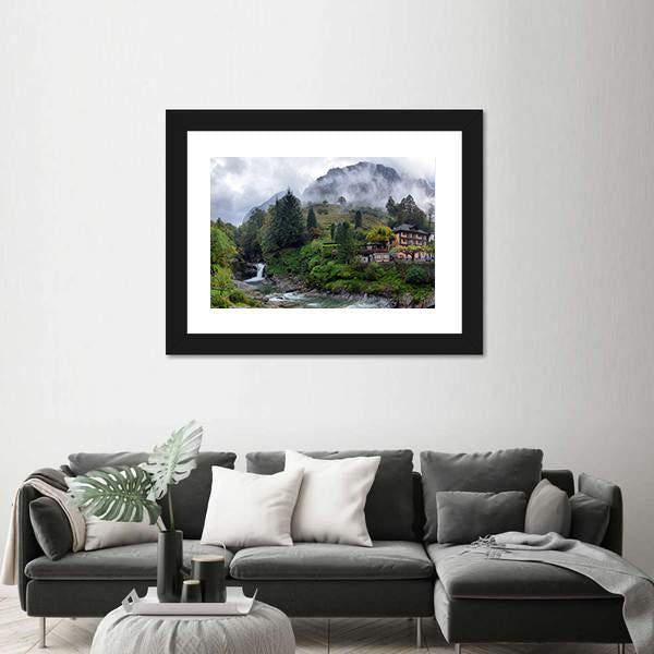 Swiss Village In The Mountains With Mist And Waterfall Switzerland Canvas Wall Art-3 Horizontal-Gallery Wrap-25" x 16"-Tiaracle