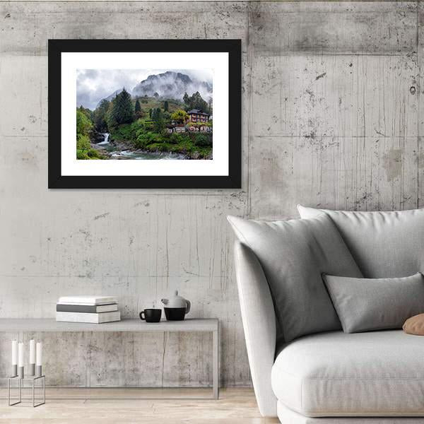 Swiss Village In The Mountains With Mist And Waterfall Switzerland Canvas Wall Art-3 Horizontal-Gallery Wrap-25" x 16"-Tiaracle