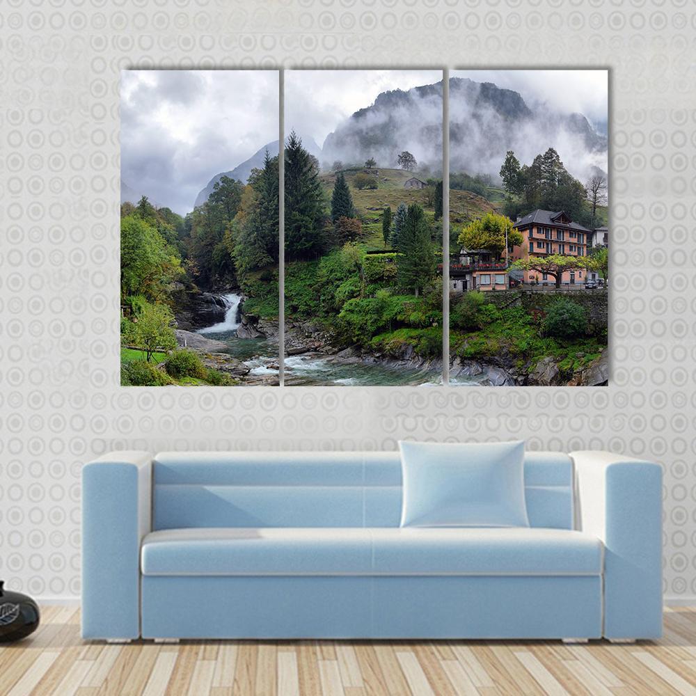 Swiss Village In The Mountains With Mist And Waterfall Switzerland Canvas Wall Art-3 Horizontal-Gallery Wrap-37" x 24"-Tiaracle