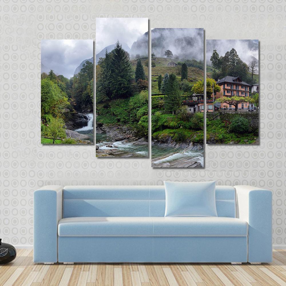 Swiss Village In The Mountains With Mist And Waterfall Switzerland Canvas Wall Art-4 Pop-Gallery Wrap-50" x 32"-Tiaracle