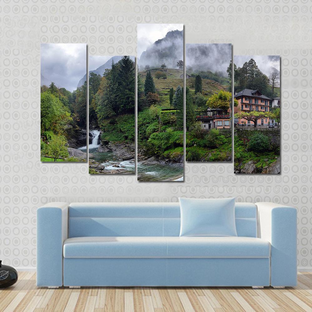 Swiss Village In The Mountains With Mist And Waterfall Switzerland Canvas Wall Art-5 Pop-Gallery Wrap-47" x 32"-Tiaracle