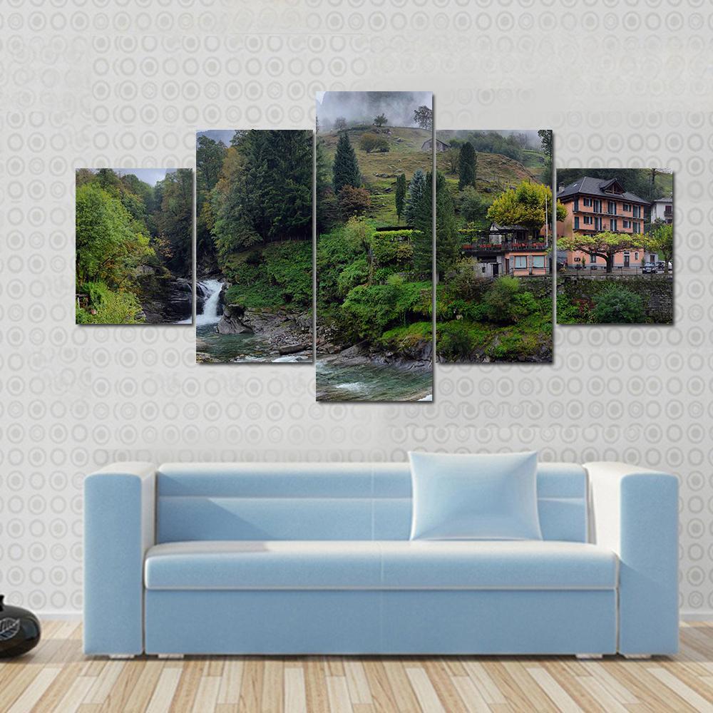 Swiss Village In The Mountains With Mist And Waterfall Switzerland Canvas Wall Art-5 Star-Gallery Wrap-62" x 32"-Tiaracle