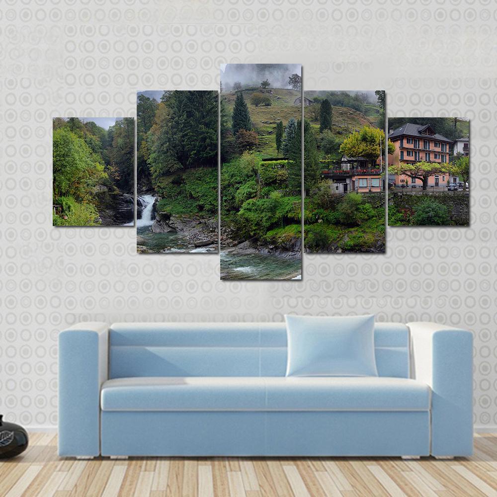 Swiss Village In The Mountains With Mist And Waterfall Switzerland Canvas Wall Art-3 Horizontal-Gallery Wrap-37" x 24"-Tiaracle
