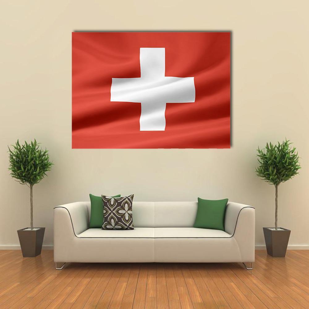 Swiss Flag with Subtle Folds Canvas Wall Art in white and red, single panel hung on a wall