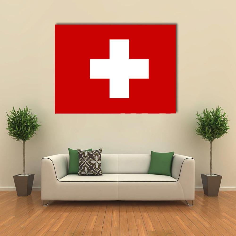 Swiss Flag with White Cross Canvas Wall Art in white and red, single panel hung on a wall