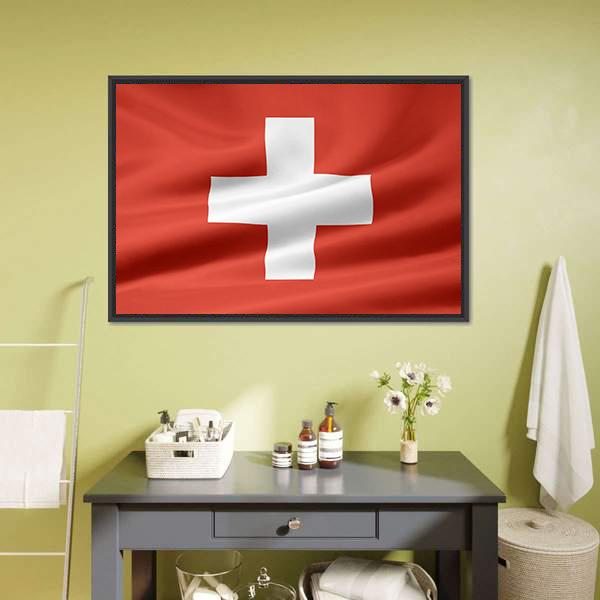 Swiss Flag with Subtle Folds Canvas Wall Art in white and red, framed canvas, product view on a white background