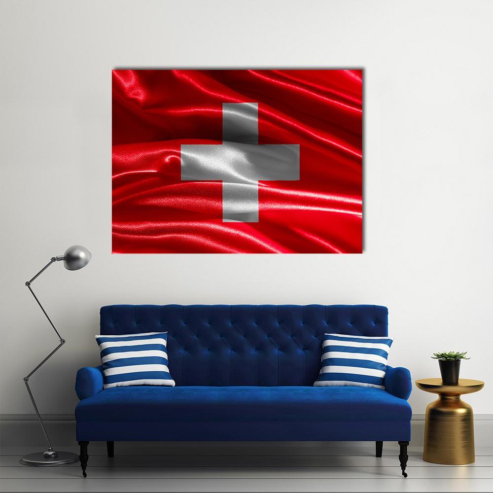 Wavy Switzerland Flag Canvas Wall Art in white and red, single panel hung on a wall