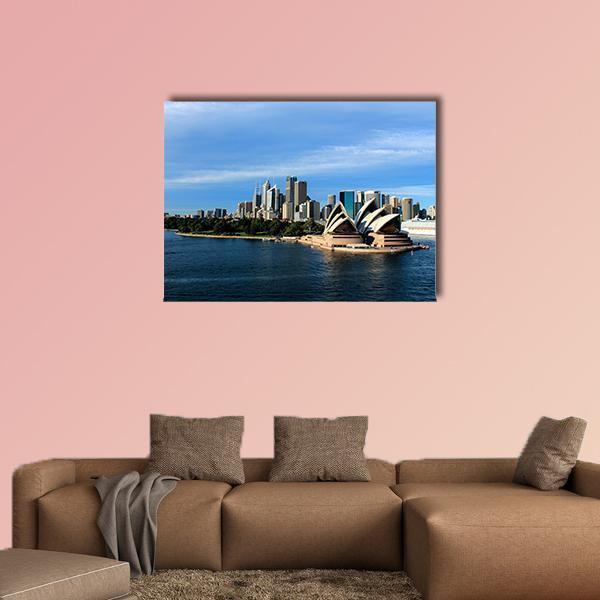 Sydney Skyline with Opera House Canvas Wall Art in blue, single panel hung on a wall