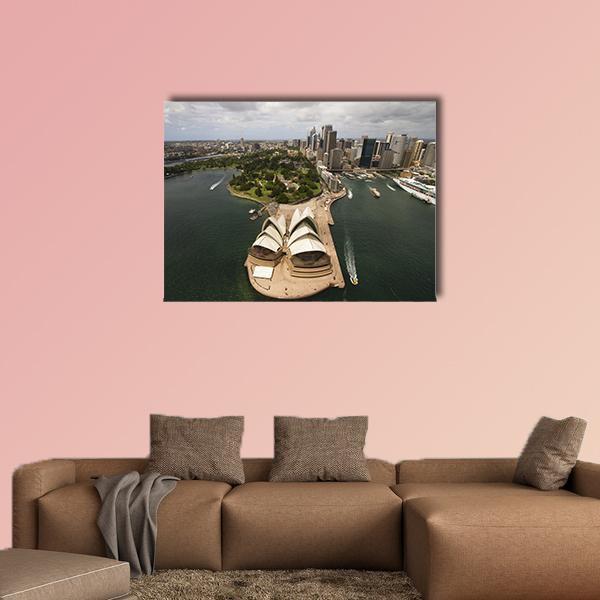 Aerial View of Sydney Opera House Canvas Wall Art in gray, green and blue, single panel hung on a wall
