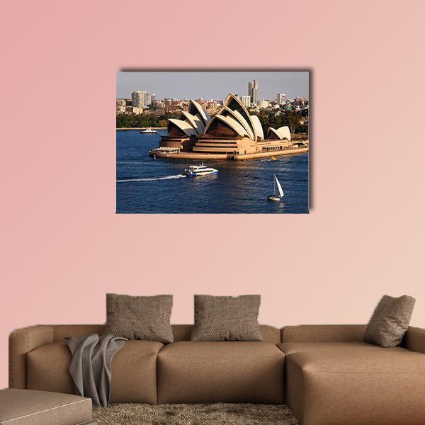 Sydney Opera House and Harbour Skyline Canvas Wall Art in gray, beige and blue, single panel hung on a wall