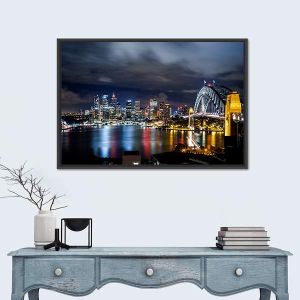 Sydney Harbor And Downtown Buildings Canvas Wall Art-1 Piece-Floating Frame-24" x 16"-Tiaracle