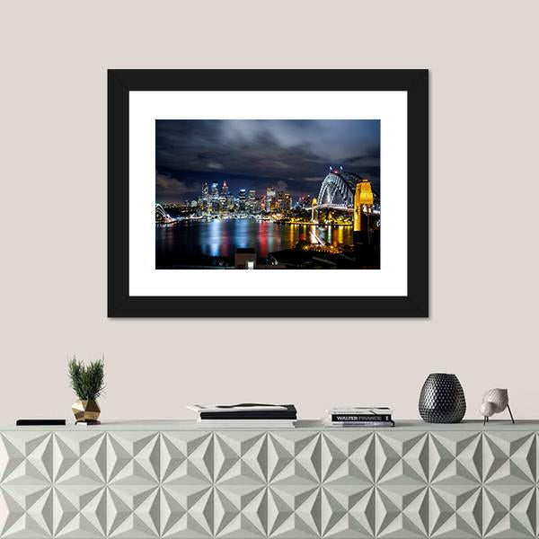 Sydney Harbor And Downtown Buildings Canvas Wall Art-1 Piece-Framed Print-20" x 16"-Tiaracle
