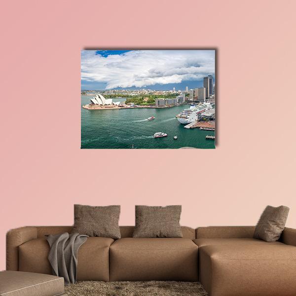 Sydney Harbour Aerial View with Opera House Canvas Wall Art in white, green and blue, single panel hung on a wall