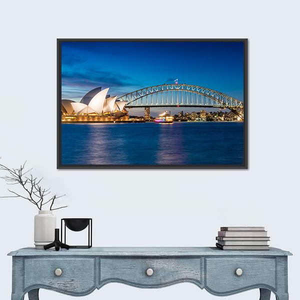 Sydney Opera House and Harbour Bridge at Night Canvas Wall Art in white, blue and navy, framed canvas, product view on a white background